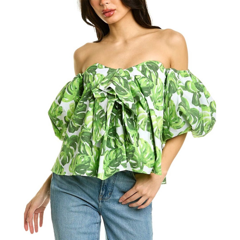 Caroline Constas' Reyna Top Green Palm Leaf Print, XS